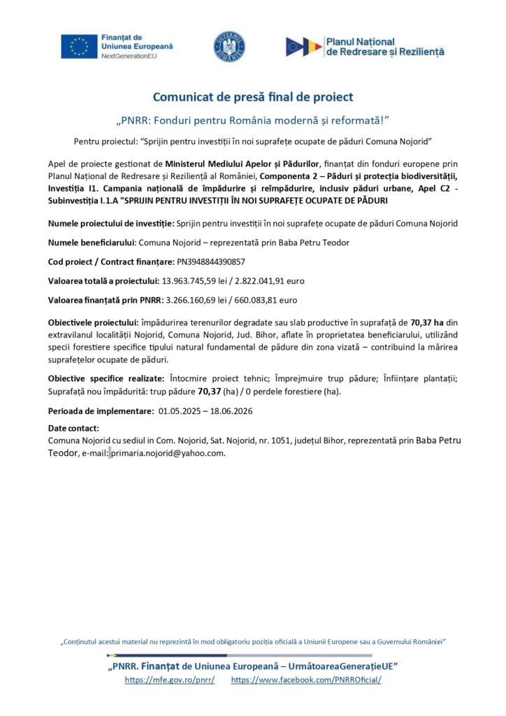 Document oficial cu antet și sigle, intitulat &bdquo;Comunicat de presă la finalul proiectului&rdquo;, cu detalii privind finanțarea pentru Baba Teodor, Satu Mare.