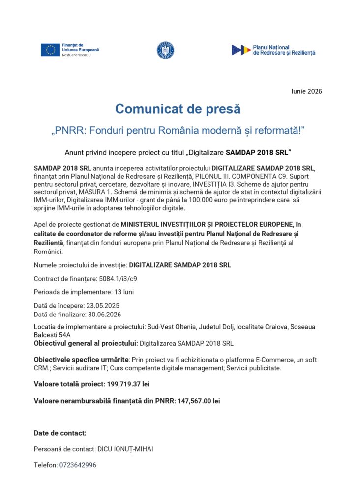 Comunicat oficial &icirc;n limba rom&acirc;nă privind lansarea proiectului &bdquo;Digitalizarea SAMPAD 2018 SRL&rdquo;, cu siglele și datele de contact vizibile.