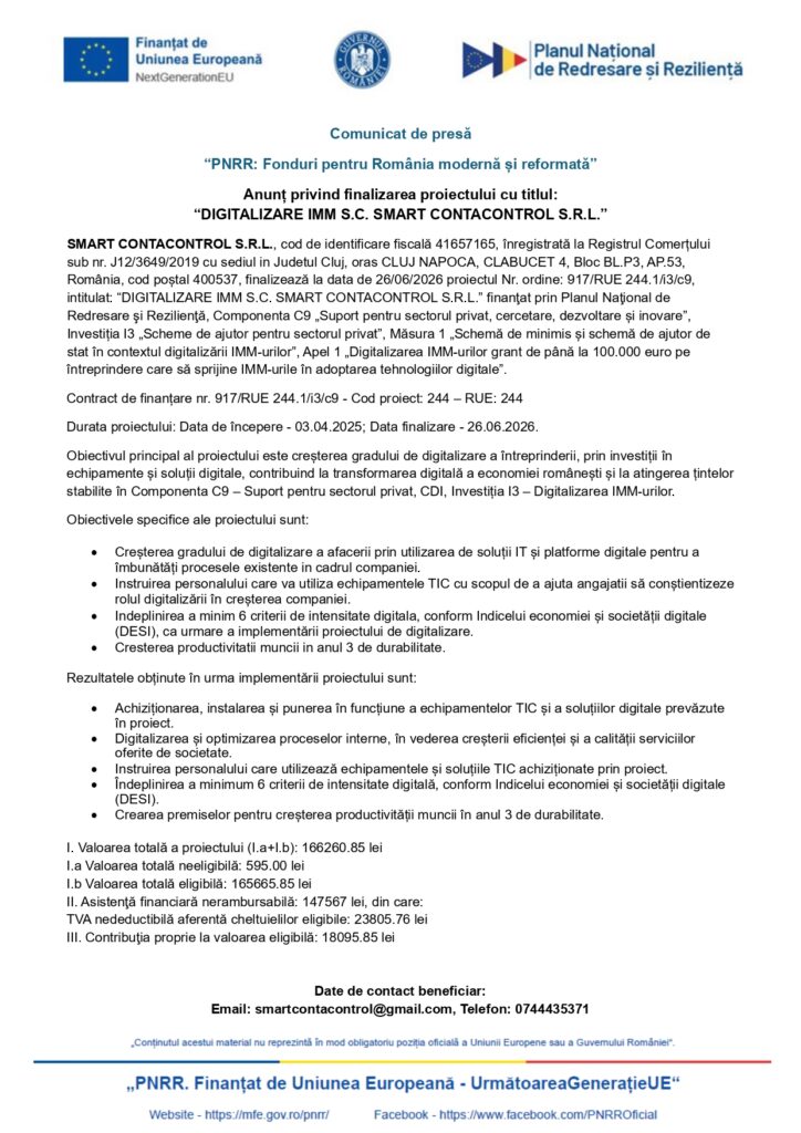 Comunicat de presă al SMART CONTACTCONTROL SRL: anunț privind finalizarea proiectului, siglele instituțiilor, detalii privind finanțarea și rezultatele vizibile.