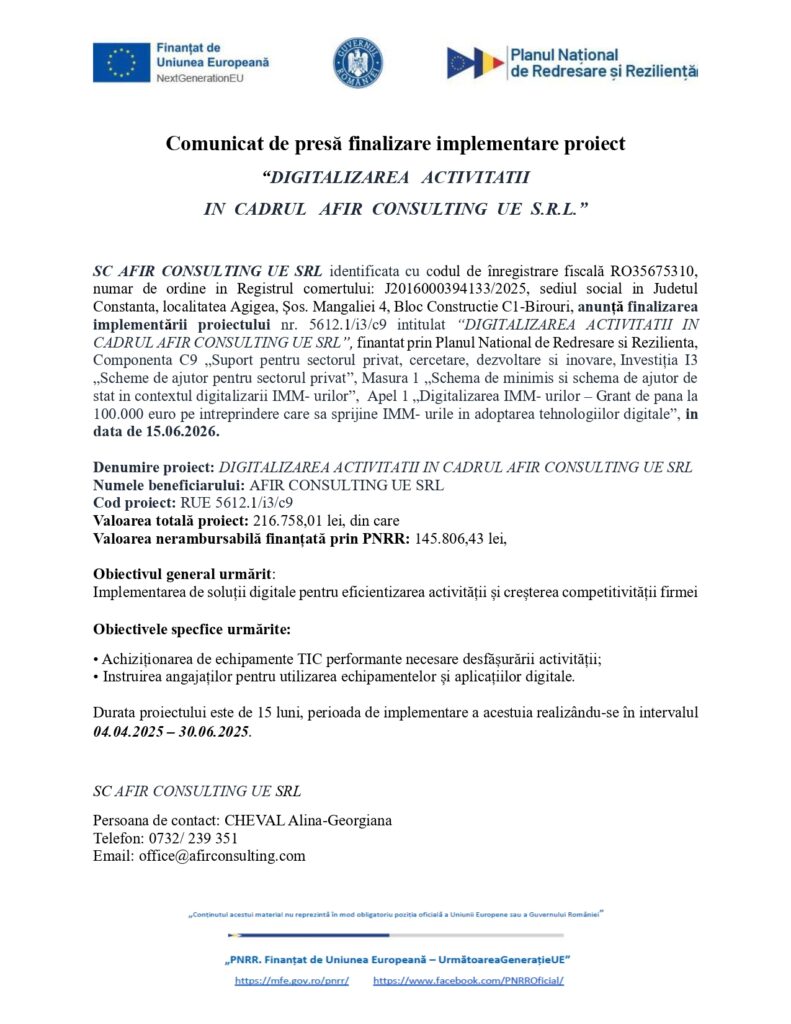 Comunicat de presă al AFIR Consulting UE SRL privind finalizarea proiectului de digitalizare, cu siglele oficiale și detalii despre proiect.