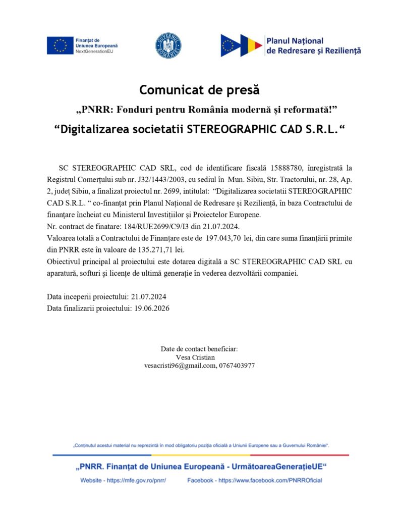 Comunicat privind contractul PNRR de digitalizare &icirc;ncheiat cu SC STEREOGRAPHIC CAD SRL, cu date despre firmă, valoare, durată, logo și linkuri web vizibile.