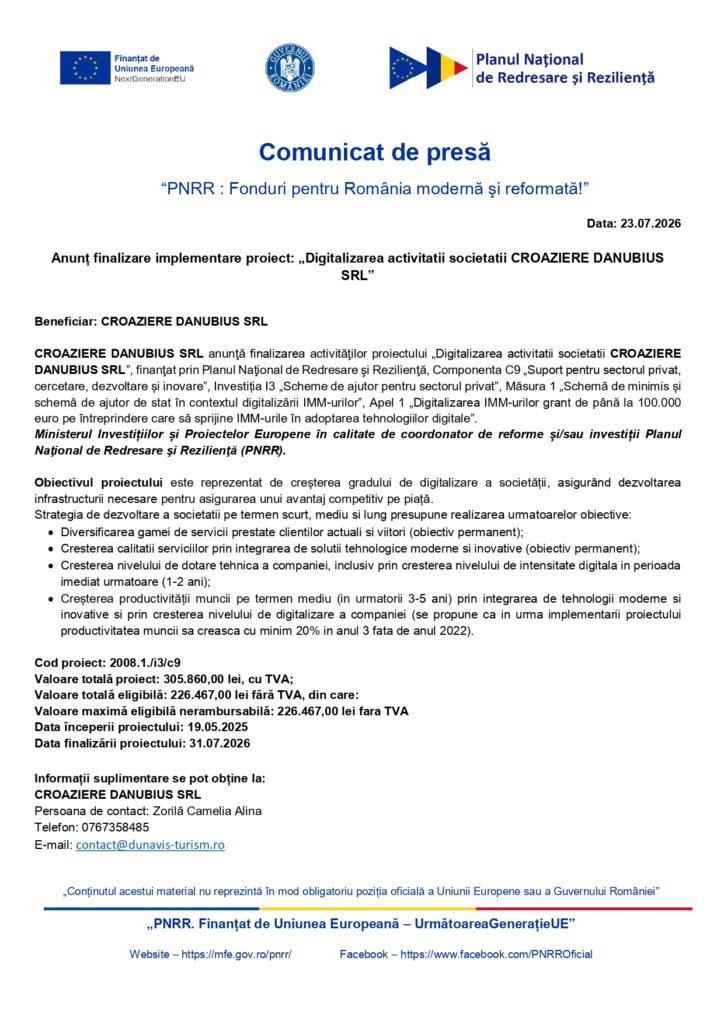 Comunicat de presă privind finalizarea proiectului de digitalizare pentru CROAZIERE DANUBIUS SRL; imagine care prezintă detalii despre obiective, rezultate, finanțare, date de contact vizibile, logo-uri oficiale și secțiuni structurate.