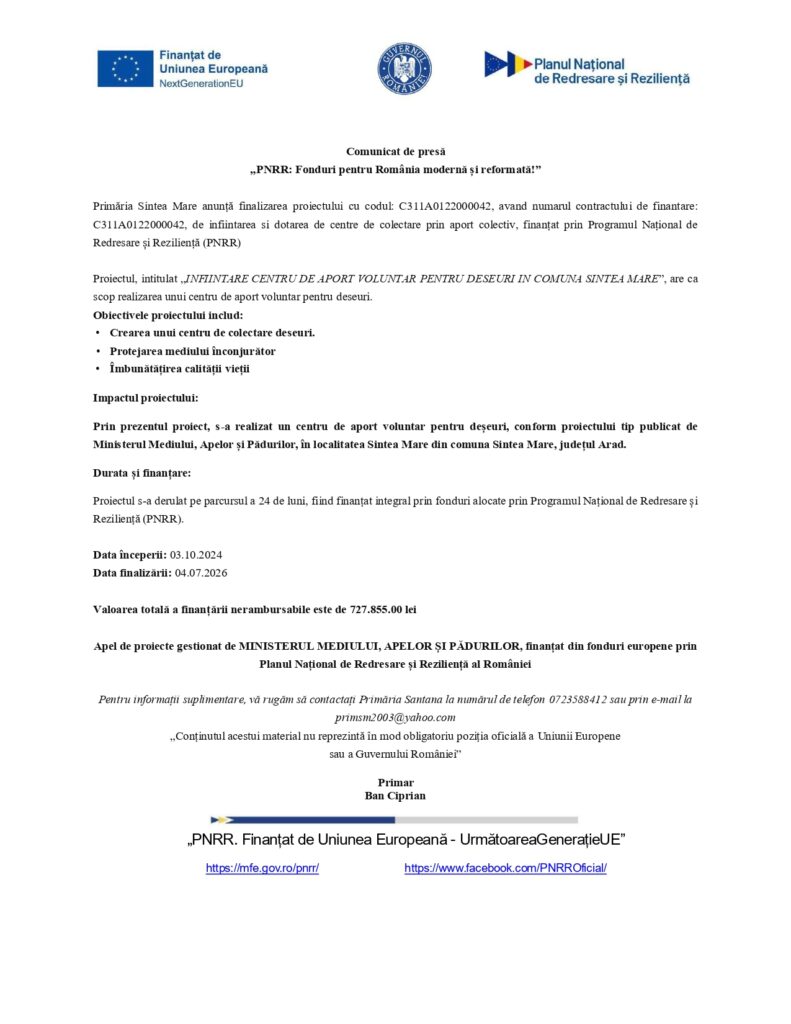 Comunicat oficial emis de autoritățile financiare, privind aprobarea finanțării pentru stațiile de sortare a deșeurilor din Satu Mare &icirc;n cadrul Planului Național de Redresare și Reziliență; sunt prezentate siglele instituțiilor și detaliile proiectului.