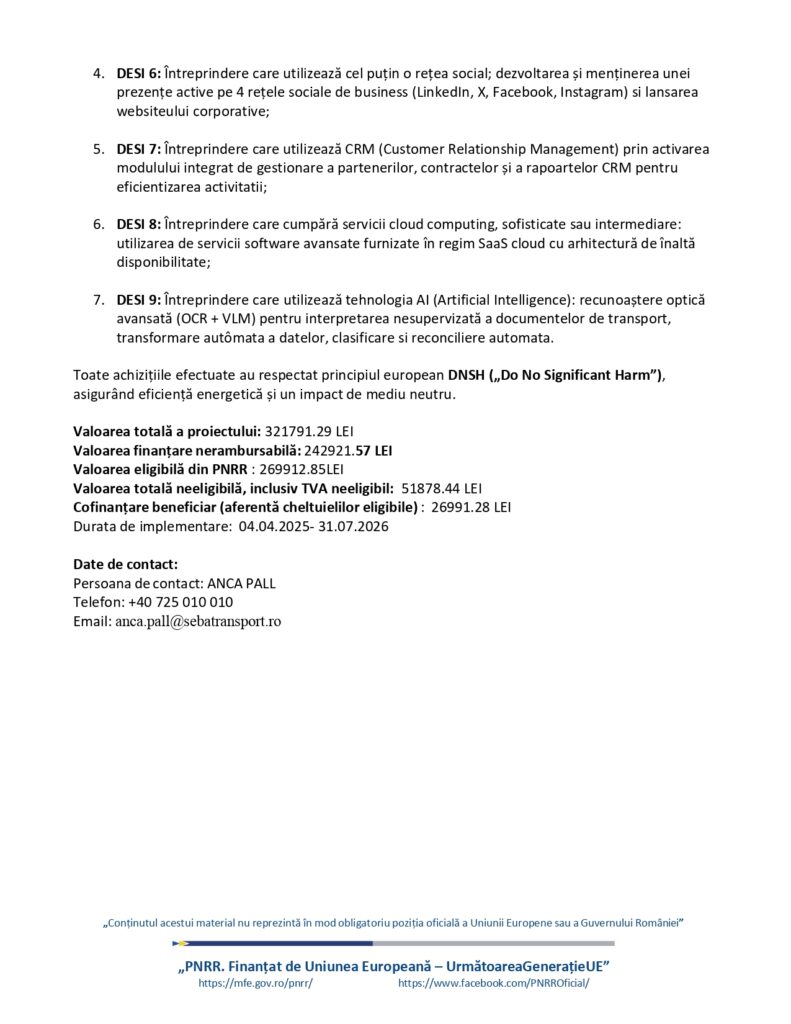 Document oficial DESI &icirc;n limba rom&acirc;nă, conțin&acirc;nd obiectivele privind implementarea sistemelor CRM și ERP, detalii financiare (valoare eligibilă, subvenție, cofinanțare, date), titlul proiectului, beneficiarul menționat &icirc;n mod vizibil și siglele finanțării UE &icirc;n partea de jos a paginii.