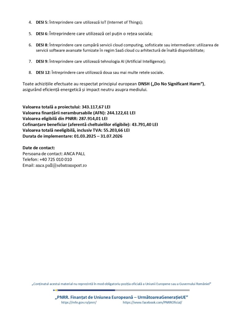 Document oficial &icirc;n limba rom&acirc;nă, conțin&acirc;nd obiectivele, detaliile privind finanțarea și datele de contact ale ANCA PALL; &icirc;n subsol se află logo-ul Uniunii Europene și linkuri către rețelele sociale. Informațiile despre proiect și beneficiar sunt clar vizibile. Fără note scrise de m&acirc;nă.