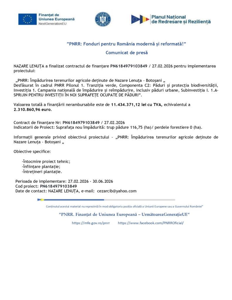 Comunicat de presă oficial cu siglele instituțiilor menționate mai sus, text cu detalii privind finalizarea contractului PNIR pentru &icirc;mbunătățiri funciare &icirc;n Botoșani, Rom&acirc;nia; includerea beneficiarului și a informațiilor financiare vizibile.