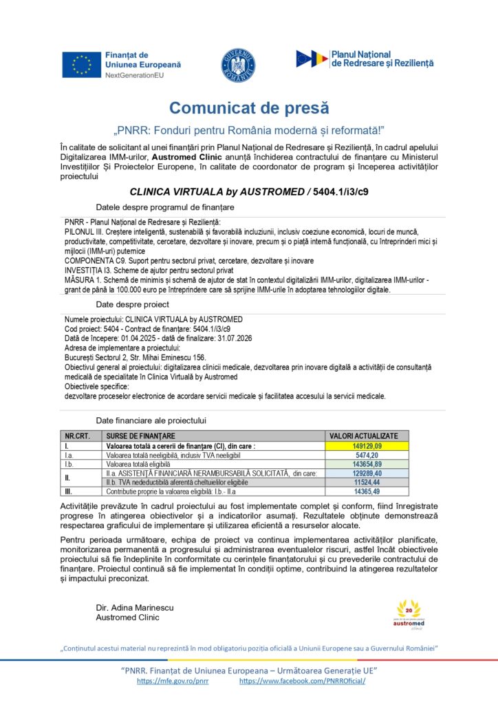 Comunicat de presă al Austromed Clinic privind lansarea proiectului „Clinica virtuală” în cadrul PNRR, cu siglele oficiale, detalii despre proiect și text în limba română; imagine a documentului oficial disponibil online privind serviciile medicale digitale.