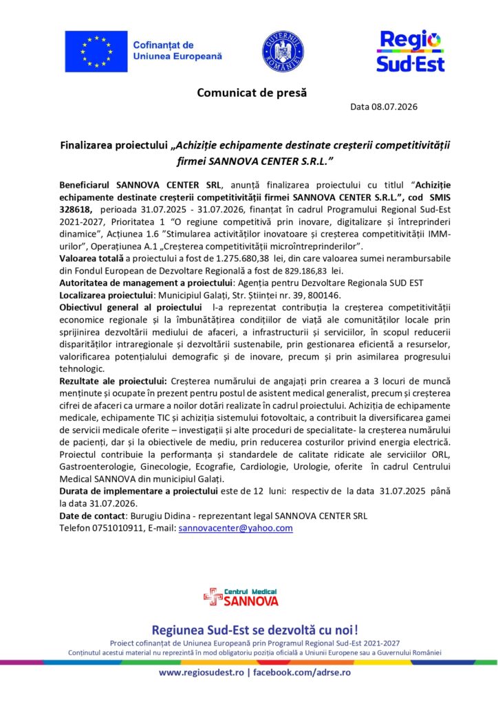 Comunicat de presă oficial privind finalizarea proiectului de achiziție de echipamente, cu siglele instituționale și datele de contact vizibile.