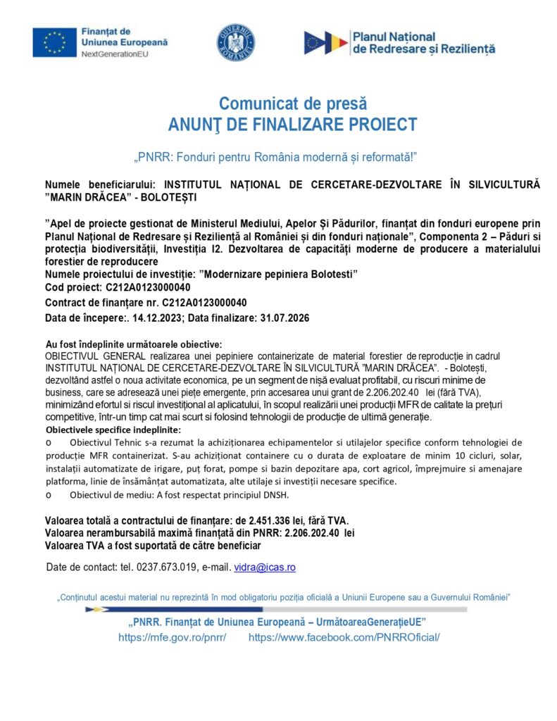 Comunicat de presă oficial privind finalizarea proiectului de cercetare forestieră, cu siglele instituțiilor și detaliile proiectului vizibile.