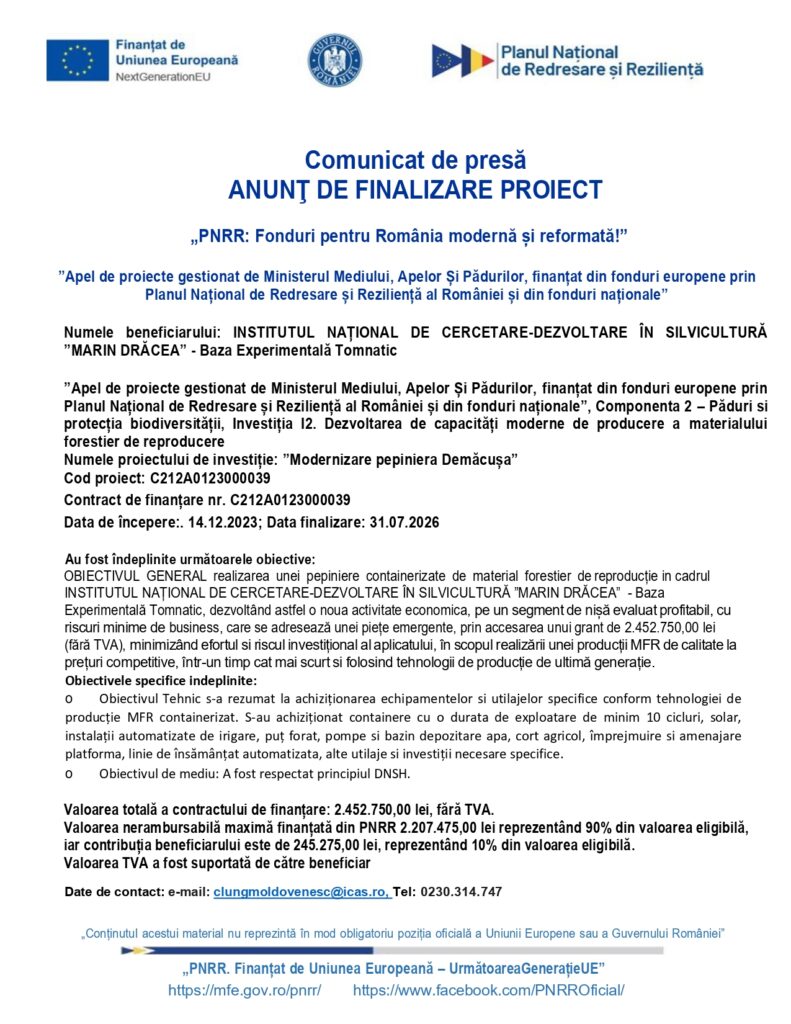 Comunicat de presă &icirc;n limba rom&acirc;nă, cu titlul proiectului silvic finalizat &icirc;n cadrul PNRR, detalii despre obiective, durată, beneficiari și date financiare; &icirc;n partea de sus sunt afișate siglele oficiale ale instituțiilor implicate.
