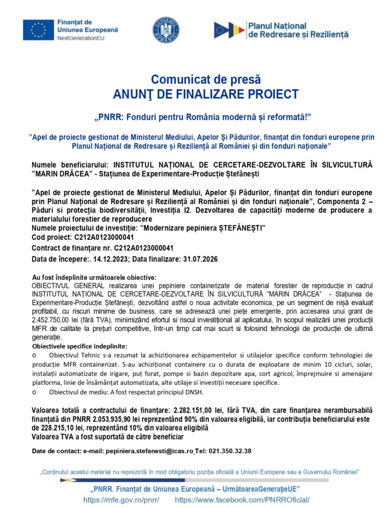 Comunicat de presă oficial pe antet, care anunță finalizarea proiectului forestier finanțat prin Planul Național de Redresare și Reziliență al UE; sunt vizibile: titlul proiectului, beneficiarul, datele de contact, informații despre obiective și sigla instituției.