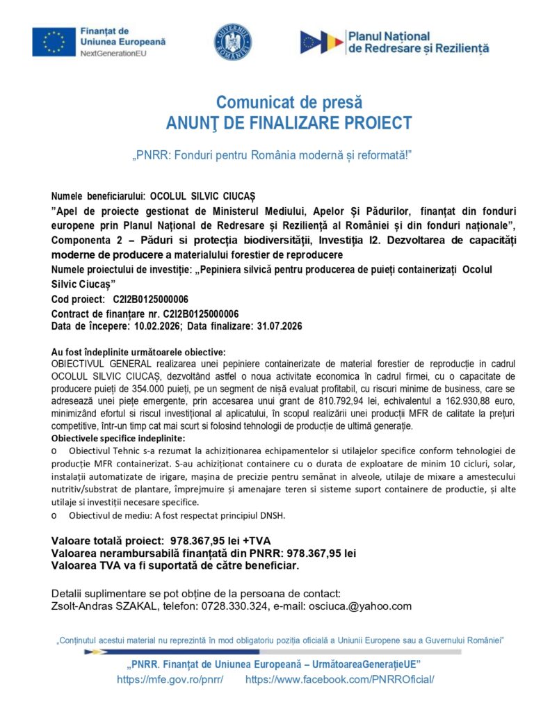 Comunicat de presă &icirc;n limba rom&acirc;nă privind finalizarea unui proiect finanțat din fonduri europene, conțin&acirc;nd următoarele detalii: beneficiar, titlul proiectului, obiective, surse de finanțare din partea UE, perioada de implementare, date de contact și siglele instituțiilor.