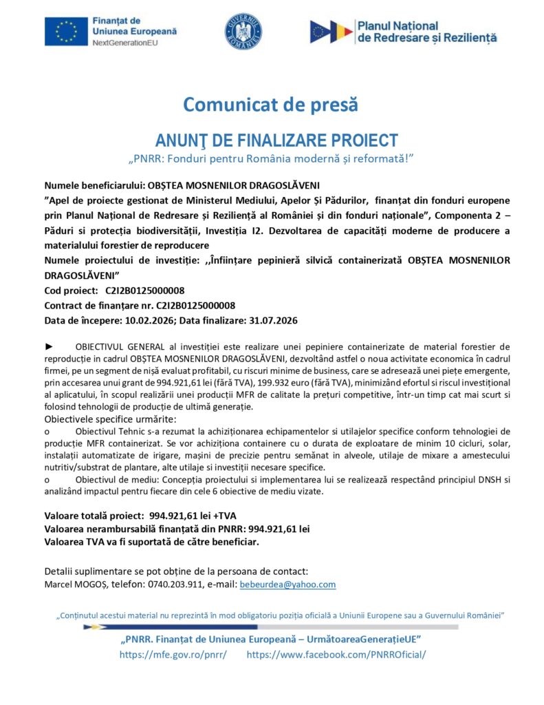 Comunicat al comunității Oșețea Moșnenilor Dragoșloveni privind finalizarea proiectului PNRR, cu detalii despre proiect, siglele partenerilor și datele de contact.