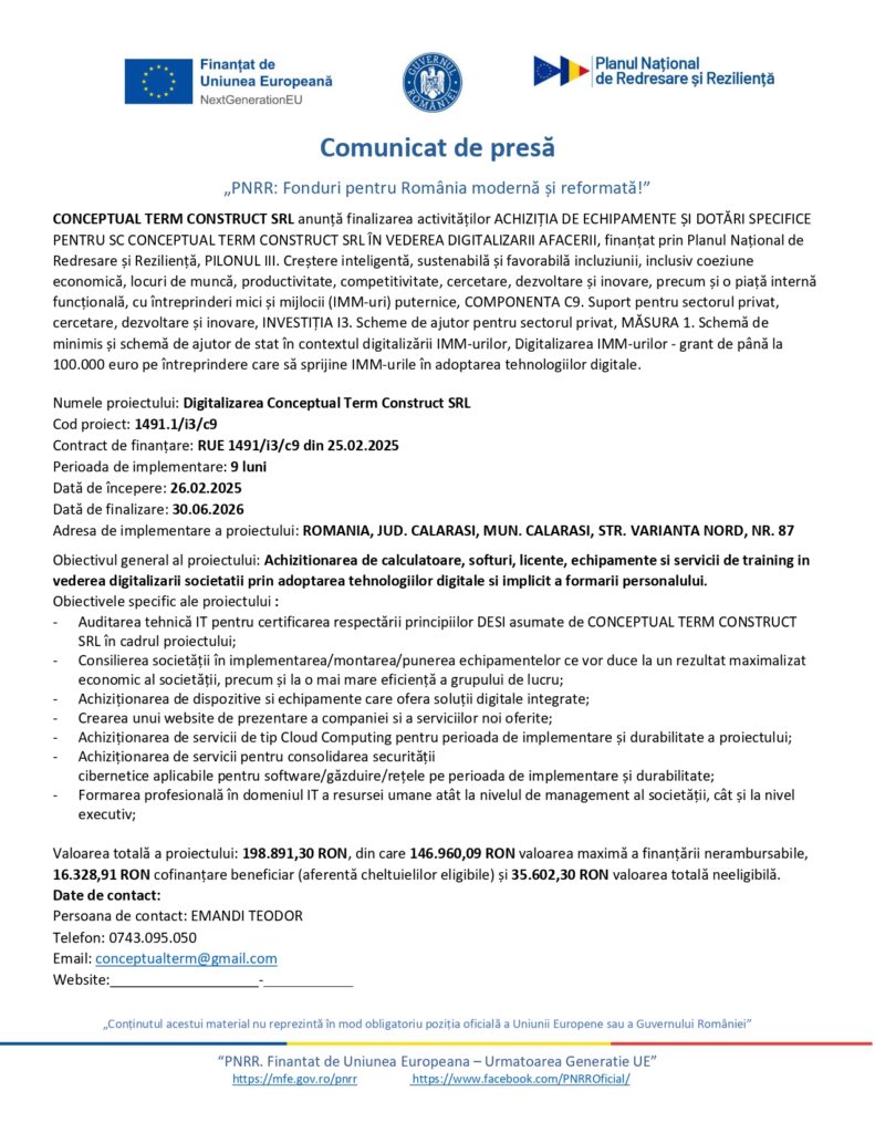 Comunicat al Conceptuala Term Construct SRL: achiziții de echipamente și software cu fonduri UE, antet albastru-galben, logo-uri &icirc;n partea de sus.