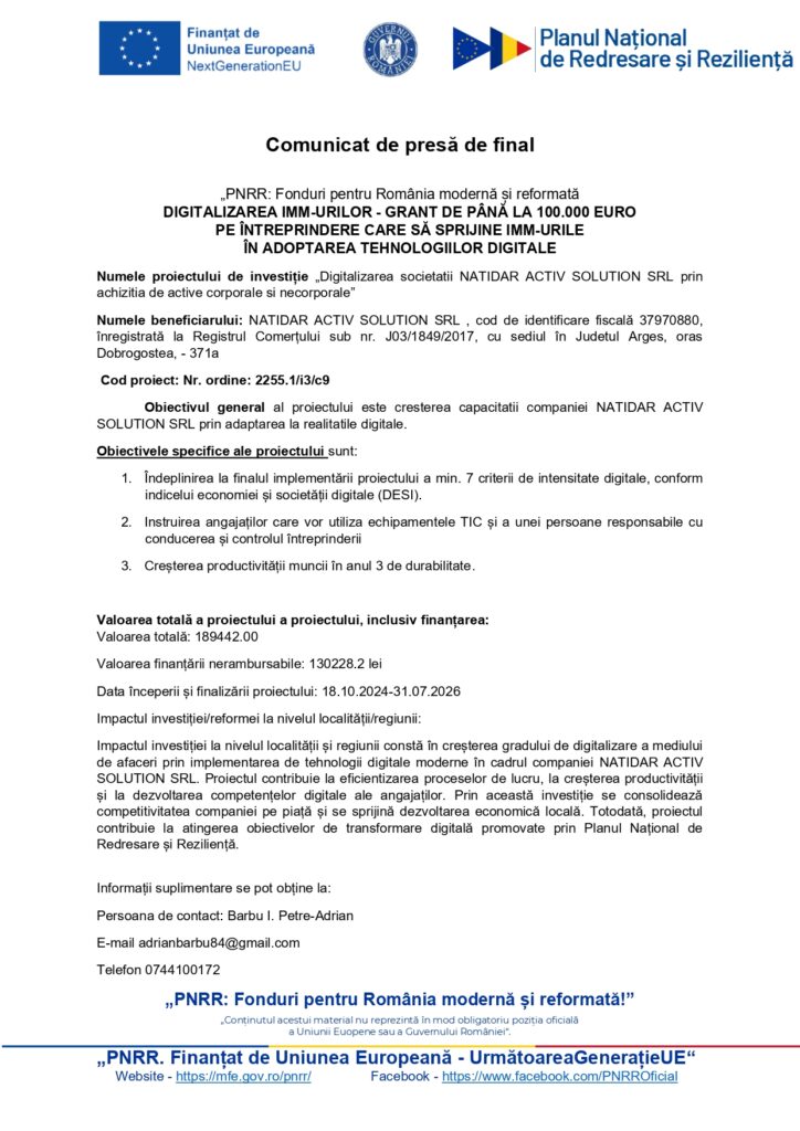 Comunicat de presă privind digitalizarea NATIDAR ACTIV SOLUTION SRL, subvenție pentru digitalizare, obiectivele proiectului, numărul contractului și finanțarea afișate în mod vizibil; siglele albastre și galbene afișate în partea de sus; informații despre fondurile europene.