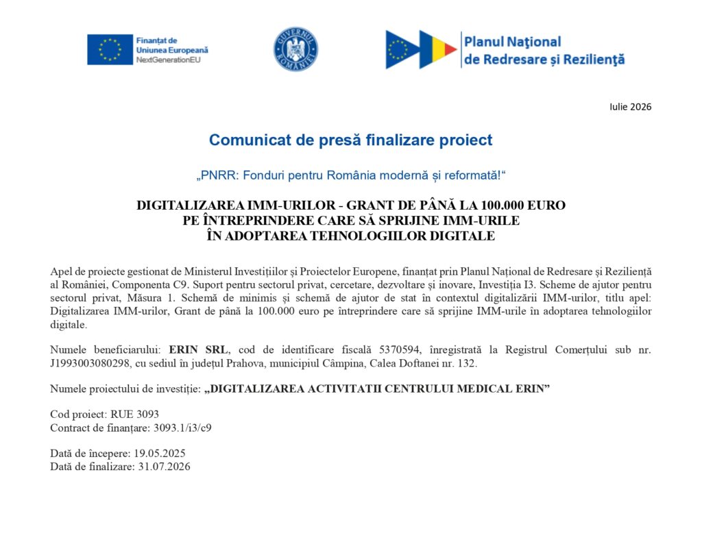 Comunicat de presă &icirc;n limba rom&acirc;nă privind finalizarea proiectului &bdquo;Sprijin pentru IMM-uri &icirc;n procesul de digitalizare&rdquo;, cu logo-ul PNRR, detalii despre beneficiari, valoarea proiectului și data finalizării; document oficial, informații prezentate &icirc;n mod clar.