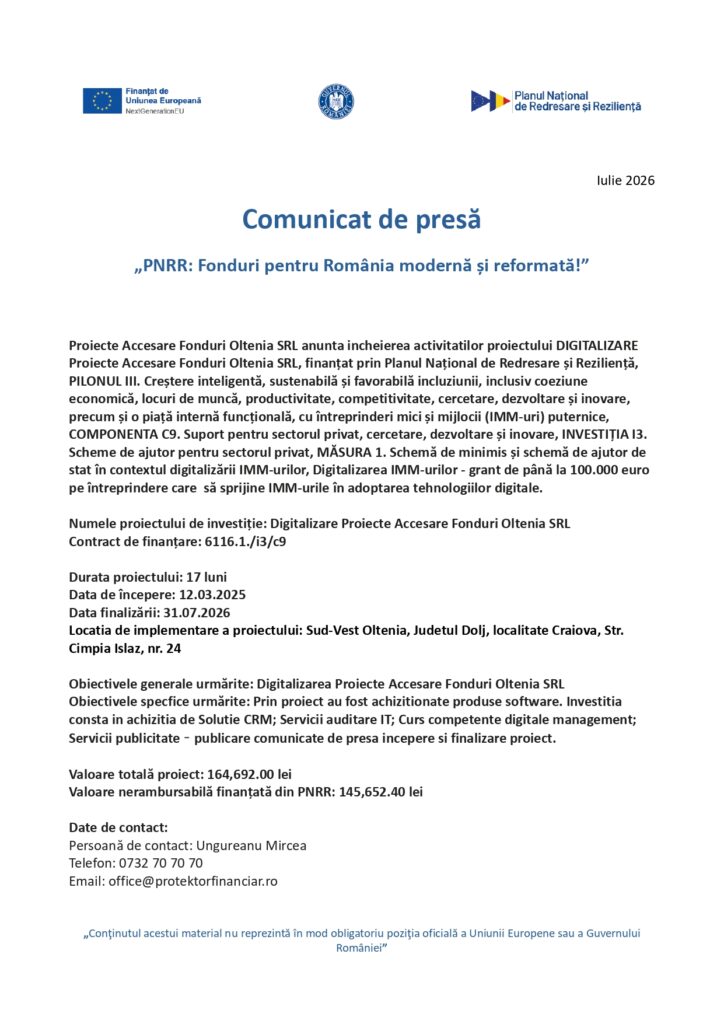 Comunicat de presă &icirc;n limba rom&acirc;nă privind proiectele finanțate de UE pentru digitalizarea &icirc;ntreprinderilor, cu logo-urile instituțiilor &icirc;n antet, detalii despre beneficiari și inițiativă, precum și sumele finanțate afișate la sf&acirc;rșitul documentului.