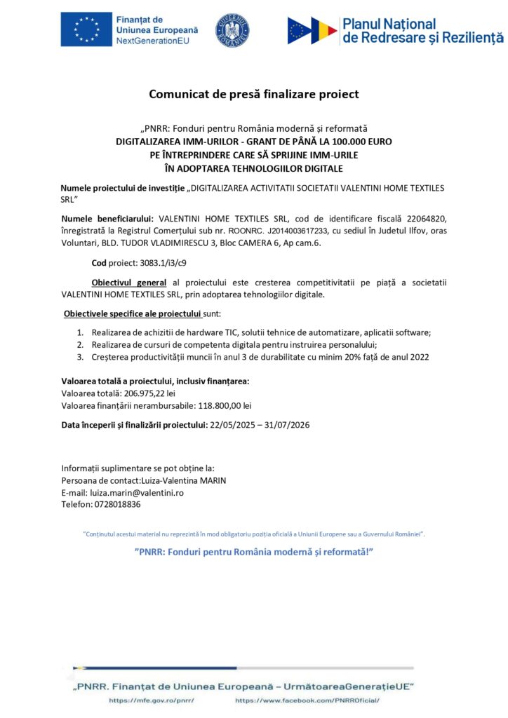 Comunicat de presă oficial privind finalizarea proiectului de digitalizare la VALENTINI HOME TEXTILES SRL, finanțat prin PNRR; sunt vizibile logo-urile, titlul proiectului, detalii cheie și datele de contact ale companiei.