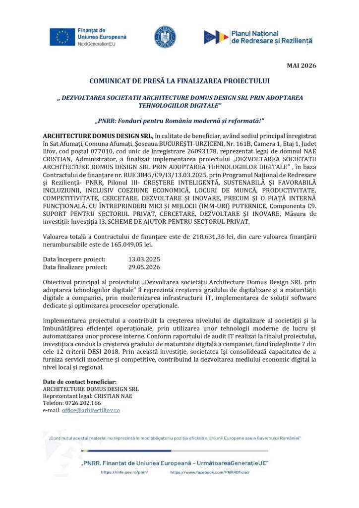 Comunicat de presă oficial cu siglele instituționale, titlu albastru și text privind finalizarea proiectului digital al Domus Design SRL.