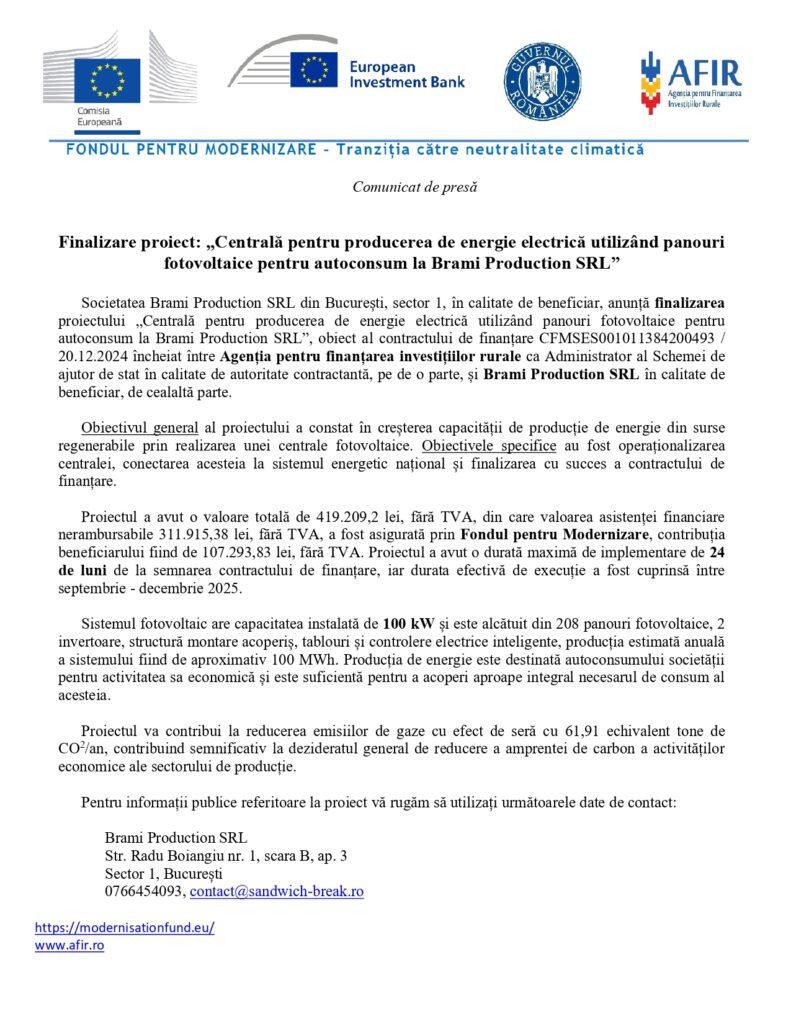 Comunicat &icirc;n limba rom&acirc;nă pe antetul companiei, anunț privind finalizarea proiectului de energie fotovoltaică al Brami Production SRL, cu logo-uri și date de contact.