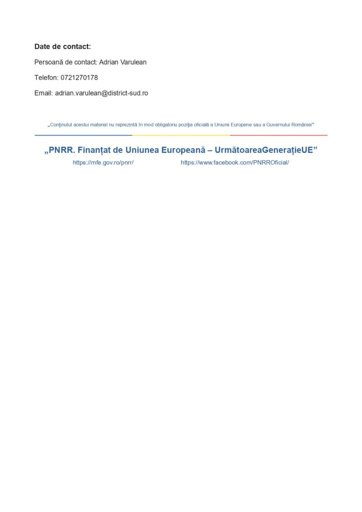 Pagină de contact cu nume, număr de telefon, adresă de e-mail, clauză de exonerare de răspundere și linkuri către surse de finanțare din Uniunea Europeană prin programul PNRR, &icirc;n limba rom&acirc;nă; afișează informații despre beneficiar și detalii despre proiect; optimizată SEO pentru WordPress.
