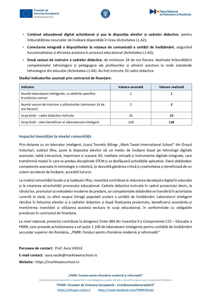 Document oficial &icirc;n limba rom&acirc;nă, conțin&acirc;nd tabele și text referitor la resursele digitale din domeniul educației, indicatori numerici și impactul asupra comunității. &Icirc;n partea de sus sunt afișate siglele instituționale, iar &icirc;n partea de jos se găsesc datele de contact și linkurile web.