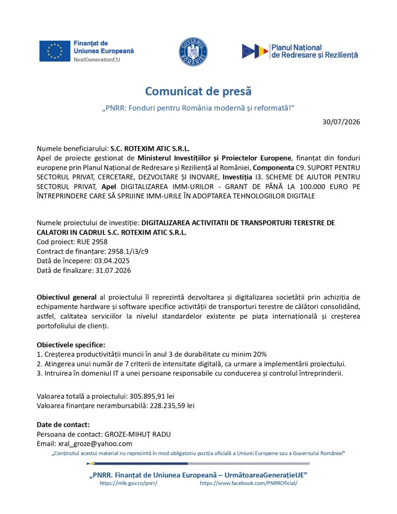 Comunicat oficial al Ministerului Investițiilor și Proiectelor Europene privind finanțarea unui proiect de digitalizare pentru SC ROTEXIM AKTIE S.R.L.; sunt menționate: titlul proiectului, codul, data finalizării și antetul instituției.