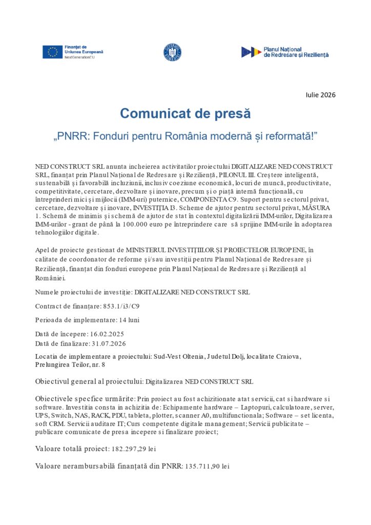 Comunicat de presă &icirc;n limba rom&acirc;nă privind finalizarea proiectului de digitalizare de către [Numele companiei], conțin&acirc;nd detalii despre parteneri, finanțare, obiective, date de contact și logo-uri oficiale vizibile, o structură clară și informații relevante.
