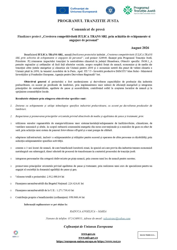 Comunicat de presă oficial în limba română, cu siglele instituțiilor în partea de sus a paginii, titlu evidențiat, detalii despre proiectul de achiziție de echipamente și beneficiarul menționat, precum și datele de contact la final; document scanat în scop informativ și pentru optimizarea SEO.