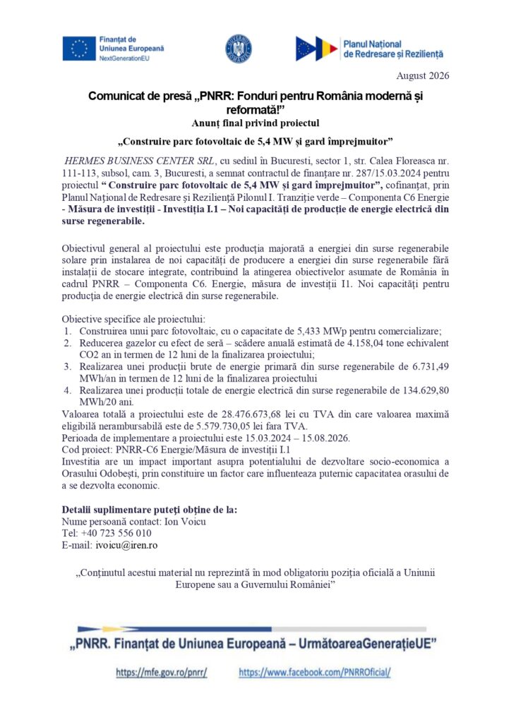 Comunicat de presă oficial în limba română, cu siglele Uniunii Europene, ale Guvernului României și ale PNRR. Informații despre proiectul de construcție a parcului fotovoltaic: obiective, finanțare, perioada de implementare.