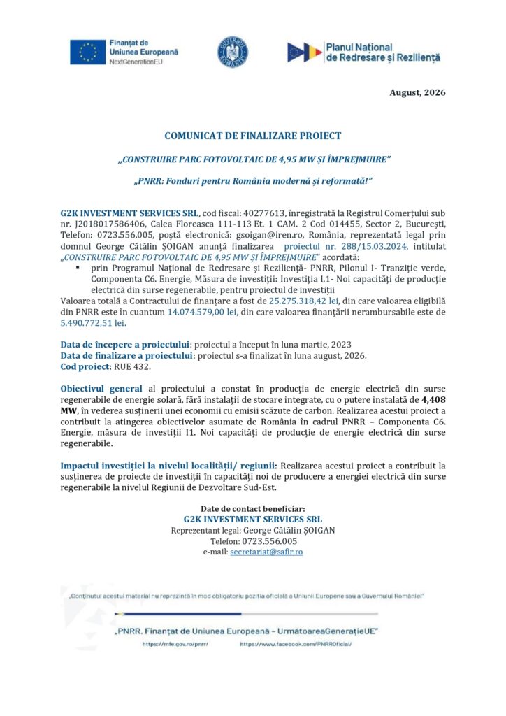 Anunț oficial privind finalizarea proiectului, în limba română, cu siglele UE și ale Guvernului României, imagine cu un panou fotovoltaic; titlul proiectului: parc fotovoltaic de 4,95 MW, beneficiar G2K Investment Services.