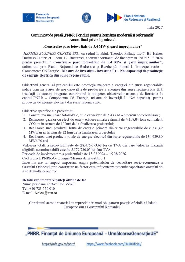 Comunicat de presă privind finanțarea finală a proiectului Hermes Business Center SRL, conținând detalii financiare și obiective, cu siglele Ministerului Finanțelor și ale Uniunii Europene vizibile în partea de sus și de jos a documentului.