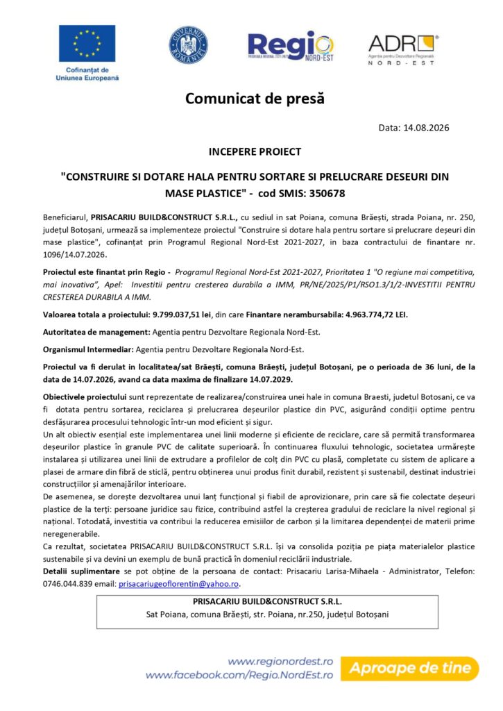 Comunicat de presă oficial privind lansarea proiectului „Construirea și dotarea unei stații de sortare și prelucrare a deșeurilor din plastic”, finanțare europeană, beneficiarul menționat, siglele instituționale și detalii despre obiective și rezultate.