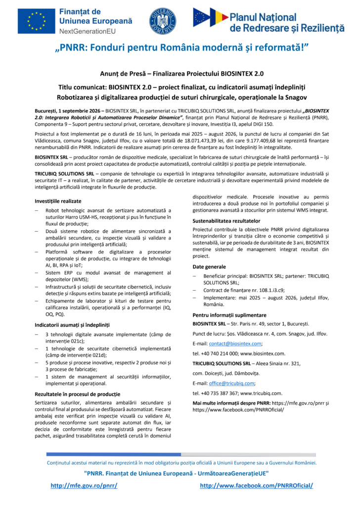 Comunicat de presă în limba română privind finalizarea proiectului „Test Product 1 Image Upload NU STERGE”, cu secțiuni dedicate digitalizării, automatizării, rezultatelor și datelor de contact. În partea de sus sunt afișate siglele UE și ale programelor românești.