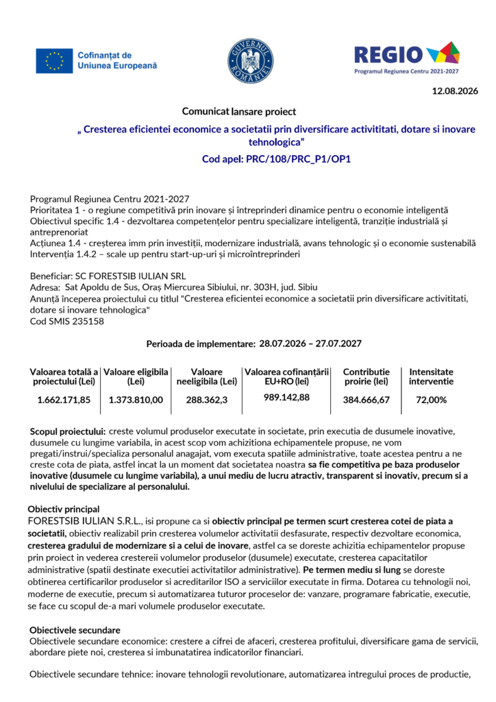 Document oficial de tip comunicat de presă privind proiectul finanțat din fonduri UE la SC FORESTIS IULIAN SRL; sunt evidențiate date cheie, statistici financiare, titlul proiectului și mențiunea „Test Product 1 Image Upload NU STERGE”.
