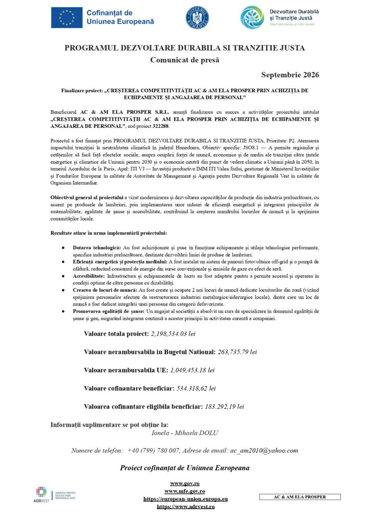 Comunicat de presă oficial în limba română, pe antet, privind proiectul finanțat de UE pentru dezvoltare durabilă și tranziție echitabilă; include obiective, rezultate și date de contact. Fără imagini sau logo-uri. Document relevant pentru instituții.