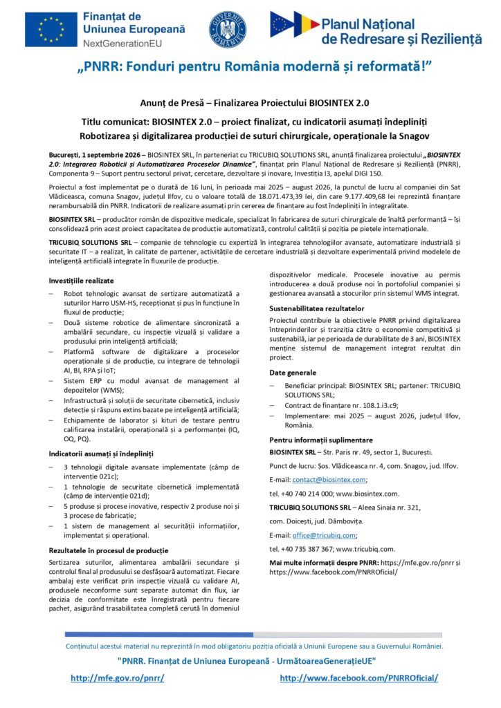 Comunicat de presă în limba română, cu logo-urile UE, ale Guvernului României și ale PNRR, intitulat „Biosyntex 2.0”, referitor la digitalizarea producției de fire chirurgicale; include detalii despre proiect și date de contact oficiale.