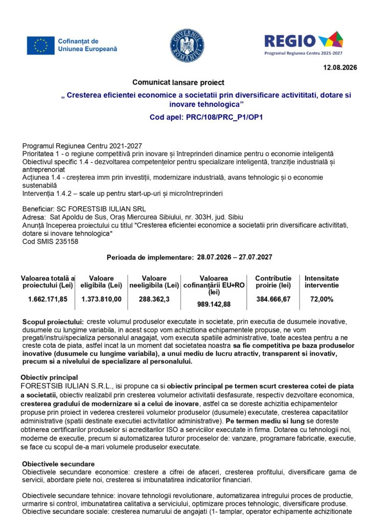 Anunț oficial de lansare a proiectului, cu logo-urile UE și REGIO, detalii despre proiect, finanțare, durata de implementare, obiective, beneficiar și locație; document structurat în mod clar și vizibil. Ideal pentru informații optimizate SEO.