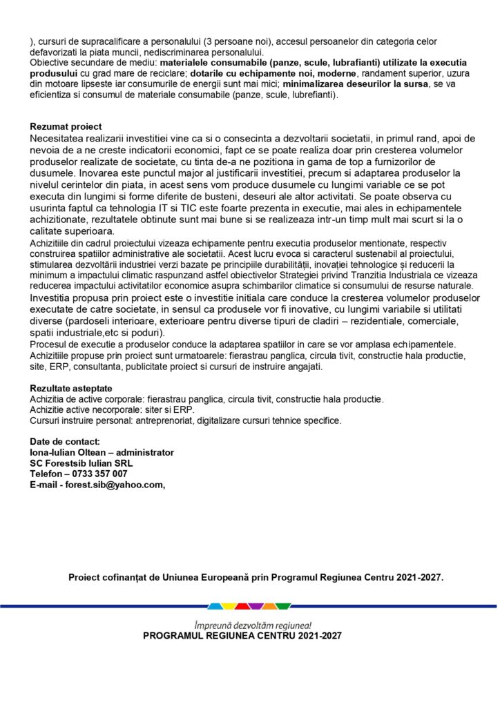 Document oficial în limba română, cu text negru pe fundal alb, siglele instituționale în partea de sus și un tabel în partea de jos; prezintă obiectivele proiectului, finanțarea și datele de contact. Beneficiarul și titlul proiectului sunt evidențiate în text.