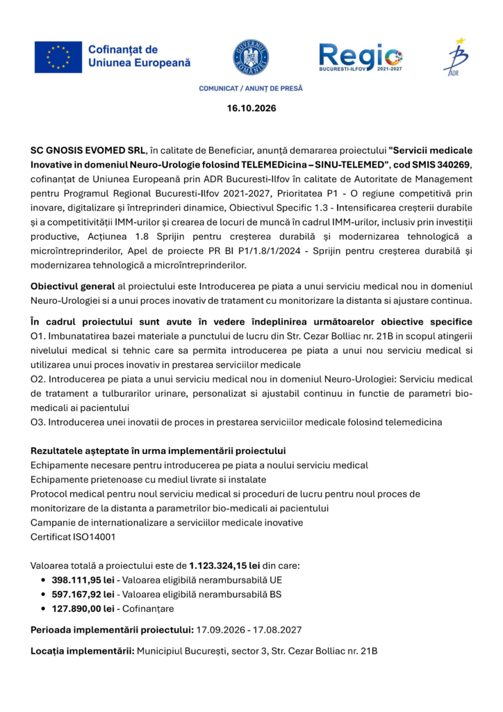 Comunicat de presă oficial privind proiectul de telemedicină în neuro-urologie din București, finanțat de Uniunea Europeană și Regio, document care prezintă în detaliu obiectivele, rezultatele așteptate și bugetul alocat.