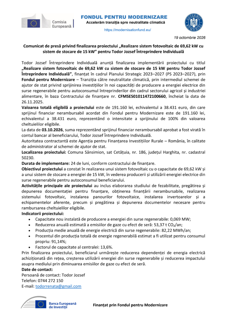 Sistem fotovoltaic de 69,62 kW cu stocare de energie instalat pentru Întreprinderea Individuală Todor Jozsef, prezentat în comunicatul de presă al Fondului pentru Modernizare.