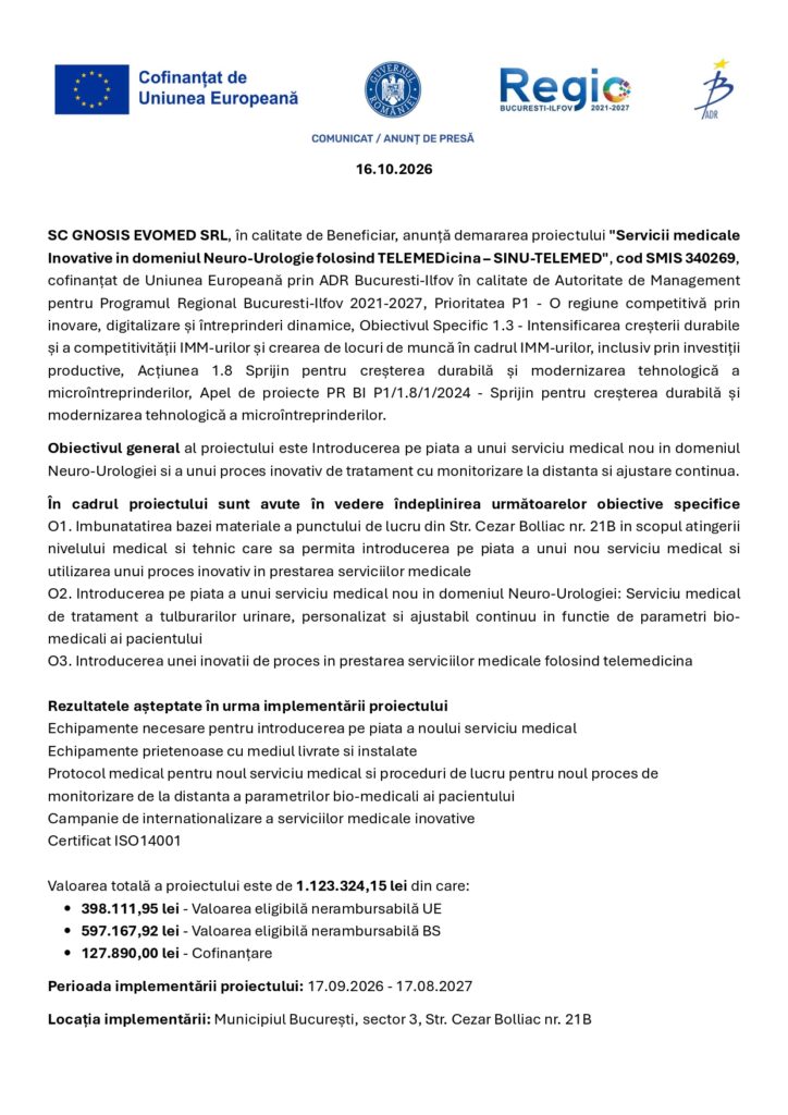 Comunicat de presă privind proiectul Gnosis Evomed SRL referitor la servicii inovatoare în domeniul urologiei și telemedicinei, incluzând detalii privind bugetul proiectului și siglele de finanțare ale Uniunii Europene.