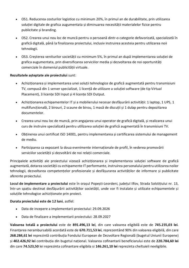Document oficial care prezintă în detaliu obiectivele, rezultatele, activitățile, locația, durata și bugetul unui proiect de grafică în realitate augmentată.