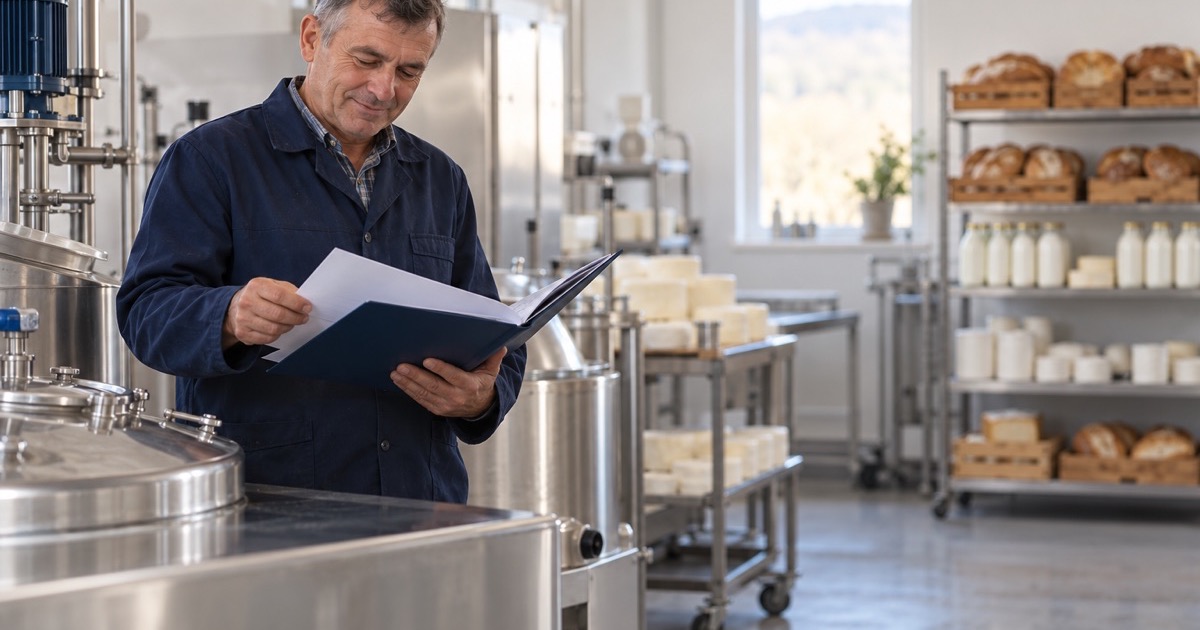 Antreprenor dintr-o mică afacere agroalimentară, lângă echipamentele noi, citind documentele proiectului finanțat
